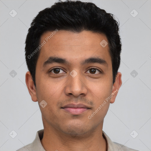 Neutral latino young-adult male with short  black hair and brown eyes