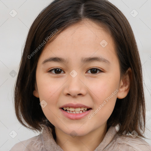 Joyful white child female with medium  brown hair and brown eyes