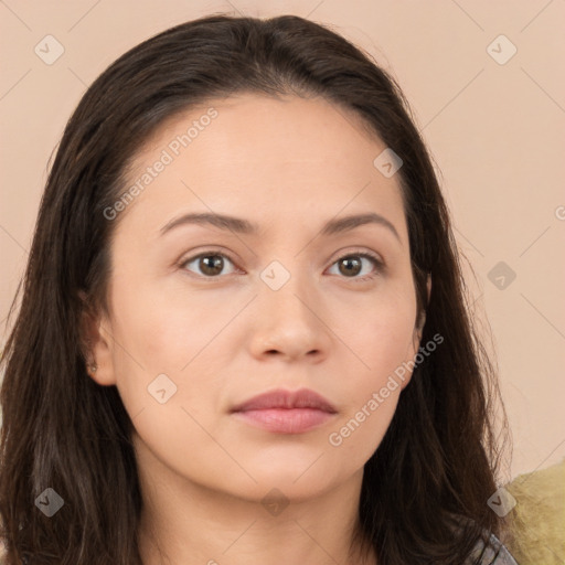 Neutral white young-adult female with long  brown hair and brown eyes