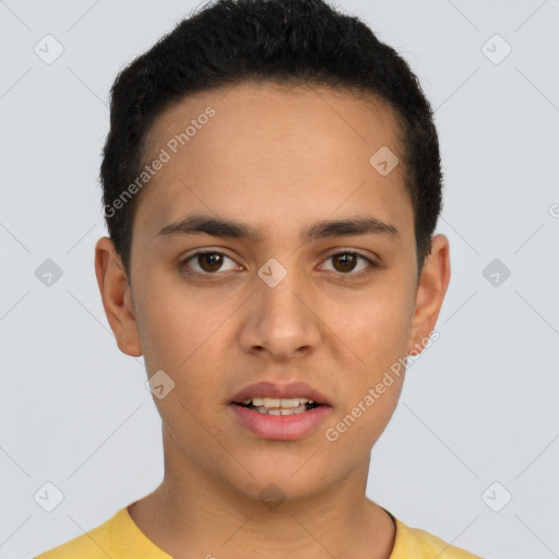 Neutral white young-adult male with short  brown hair and brown eyes
