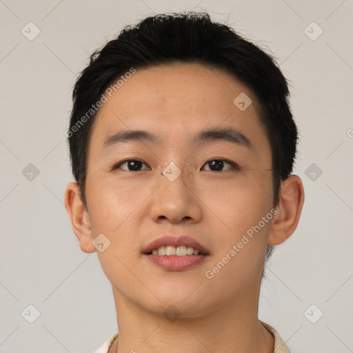 Neutral asian young-adult male with short  black hair and brown eyes