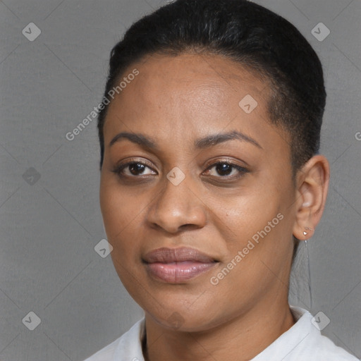 Joyful black young-adult female with short  black hair and brown eyes