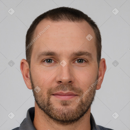 Neutral white young-adult male with short  brown hair and brown eyes