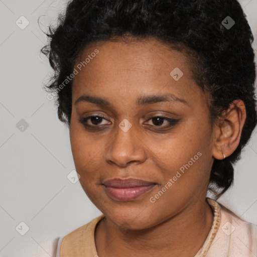 Joyful latino young-adult female with short  black hair and brown eyes