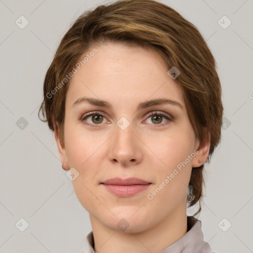 Joyful white young-adult female with medium  brown hair and green eyes