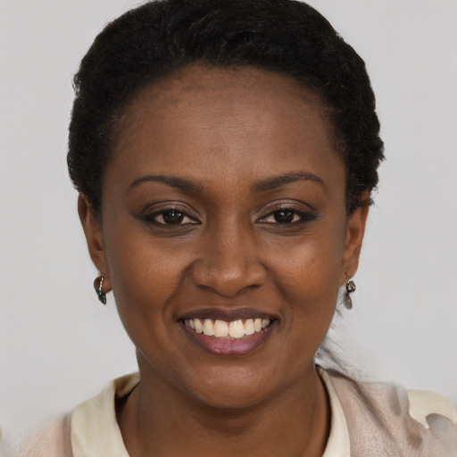 Joyful black young-adult female with short  brown hair and brown eyes