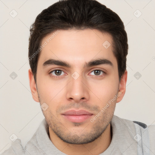 Neutral white young-adult male with short  brown hair and brown eyes