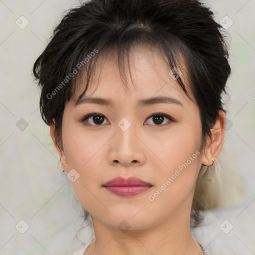 Neutral asian young-adult female with medium  brown hair and brown eyes