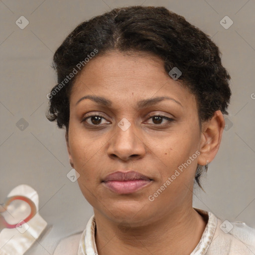 Neutral white adult female with short  brown hair and brown eyes