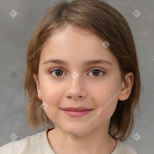 Joyful white child female with medium  brown hair and brown eyes