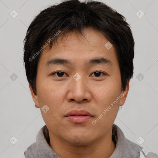 Neutral asian young-adult male with short  brown hair and brown eyes