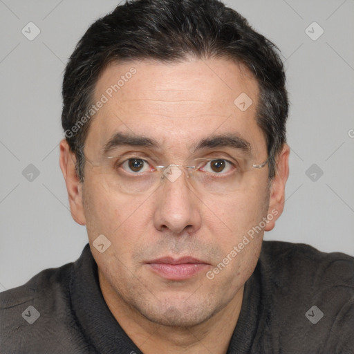 Neutral white adult male with short  brown hair and brown eyes