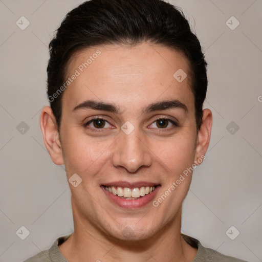 Joyful white young-adult female with short  brown hair and brown eyes