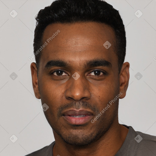 Neutral black young-adult male with short  black hair and brown eyes