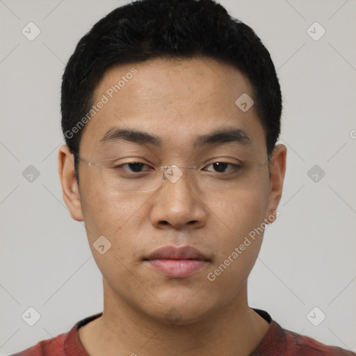 Neutral asian young-adult male with short  black hair and brown eyes