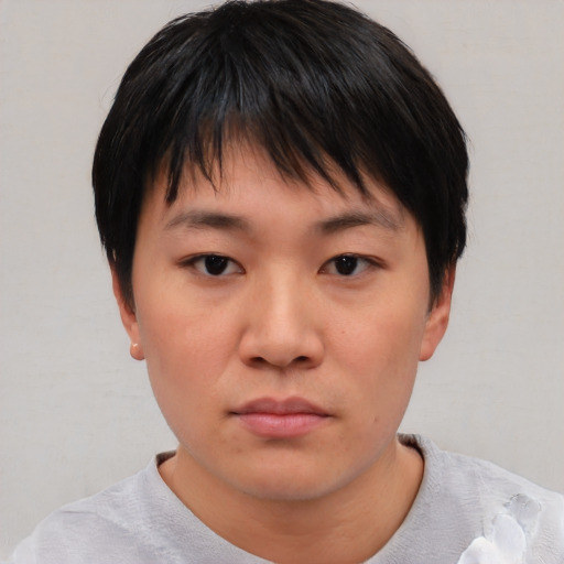 Neutral asian young-adult female with short  brown hair and brown eyes