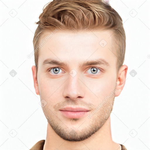 Neutral white young-adult male with short  brown hair and grey eyes