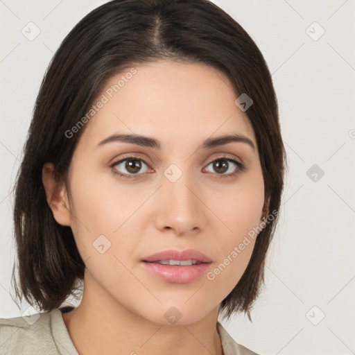 Neutral white young-adult female with medium  brown hair and brown eyes