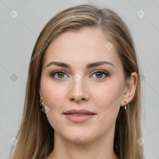 Joyful white young-adult female with long  brown hair and grey eyes