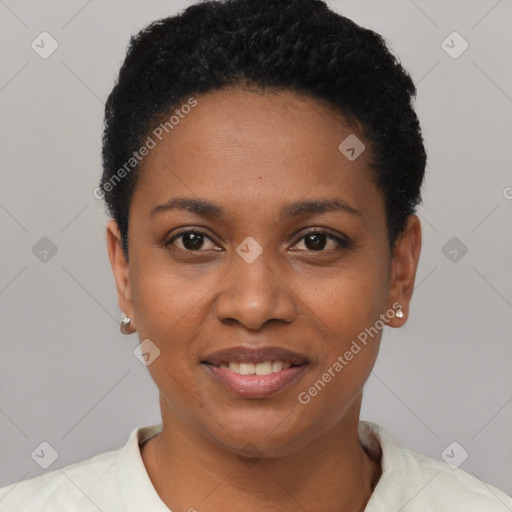 Joyful black young-adult female with short  black hair and brown eyes