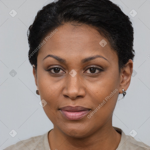 Joyful black adult female with short  brown hair and brown eyes