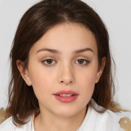 Neutral white young-adult female with medium  brown hair and brown eyes