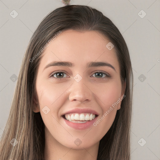 Joyful white young-adult female with long  brown hair and grey eyes