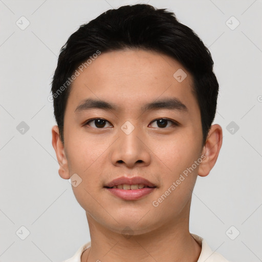 Neutral asian young-adult male with short  black hair and brown eyes