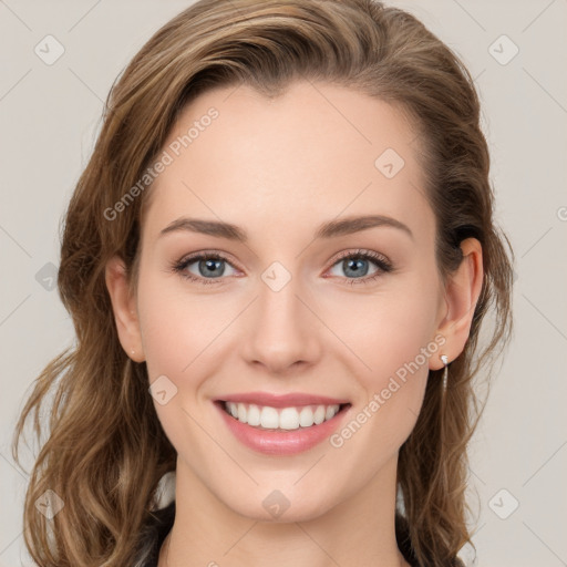 Joyful white young-adult female with medium  brown hair and green eyes