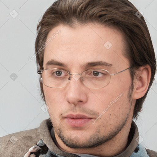 Neutral white adult male with short  brown hair and brown eyes