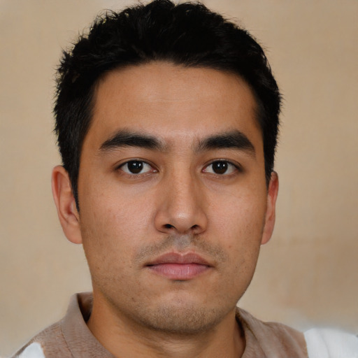 Neutral asian young-adult male with short  brown hair and brown eyes