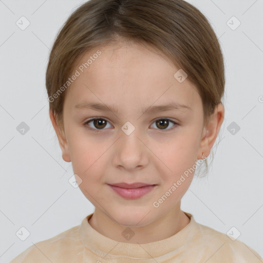 Joyful white child female with short  brown hair and brown eyes