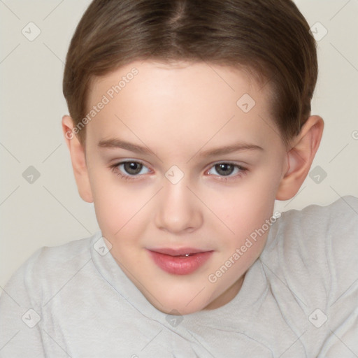 Joyful white child female with short  brown hair and brown eyes