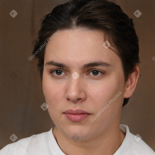 Neutral white young-adult female with short  brown hair and brown eyes