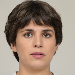 Neutral white young-adult female with short  brown hair and brown eyes