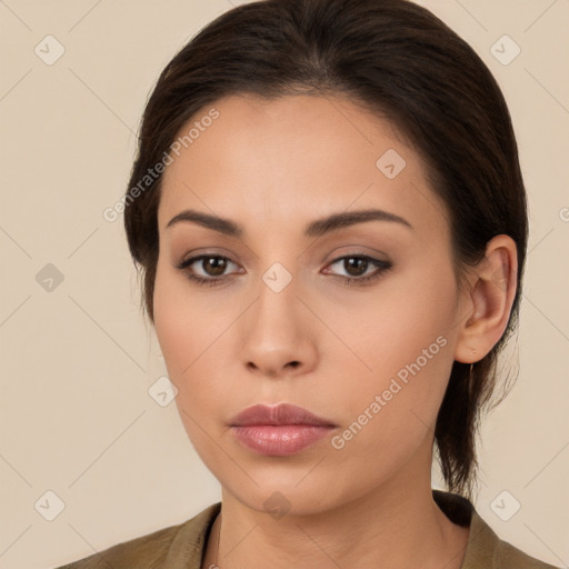 Neutral white young-adult female with medium  brown hair and brown eyes