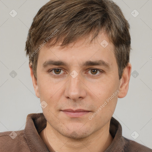 Neutral white young-adult male with short  brown hair and brown eyes