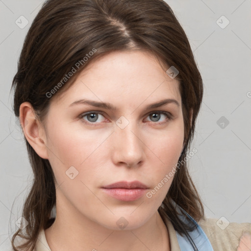 Neutral white young-adult female with medium  brown hair and grey eyes