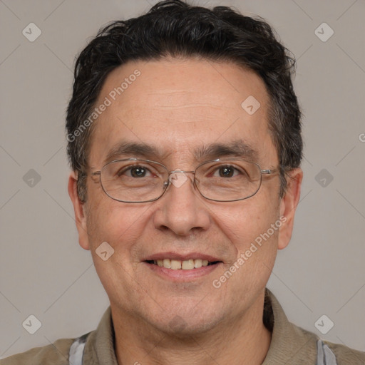 Joyful white middle-aged male with short  brown hair and brown eyes