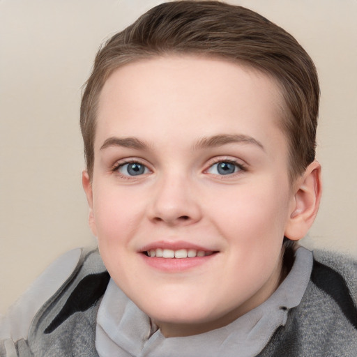 Joyful white child female with short  brown hair and grey eyes