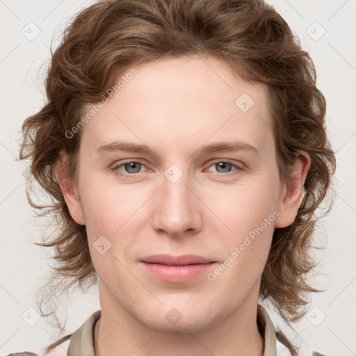 Joyful white young-adult female with medium  brown hair and blue eyes