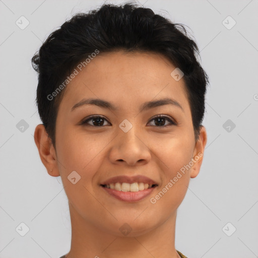 Joyful asian young-adult female with short  brown hair and brown eyes