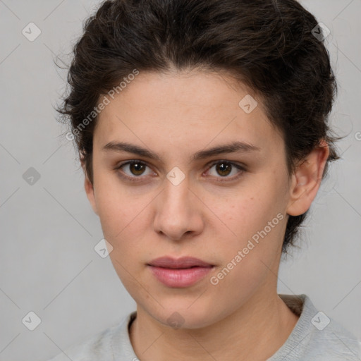 Neutral white young-adult female with short  brown hair and brown eyes