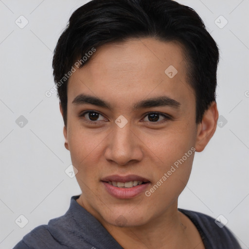 Joyful asian young-adult male with short  brown hair and brown eyes