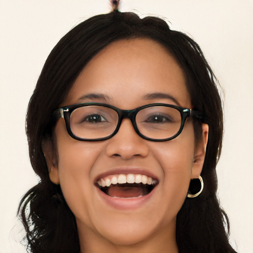 Joyful latino young-adult female with long  black hair and brown eyes