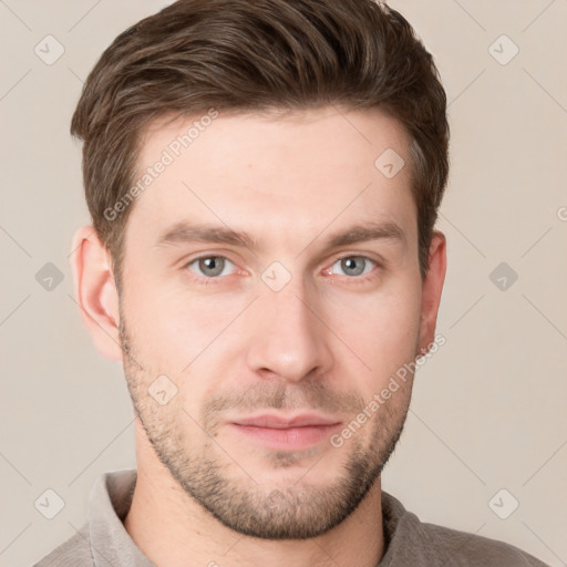 Neutral white young-adult male with short  brown hair and grey eyes