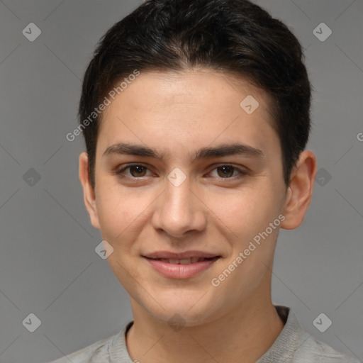 Joyful white young-adult female with short  brown hair and brown eyes