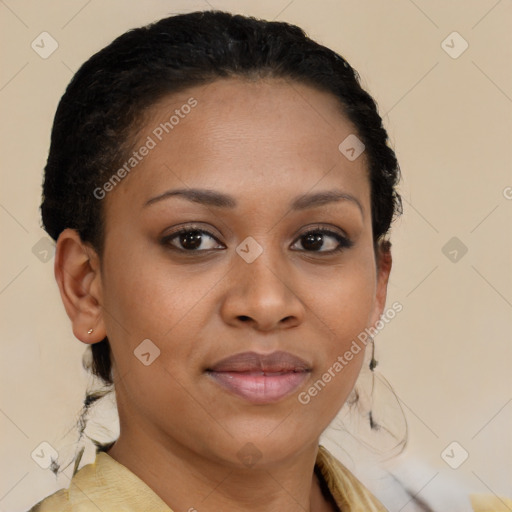 Joyful black young-adult female with medium  brown hair and brown eyes