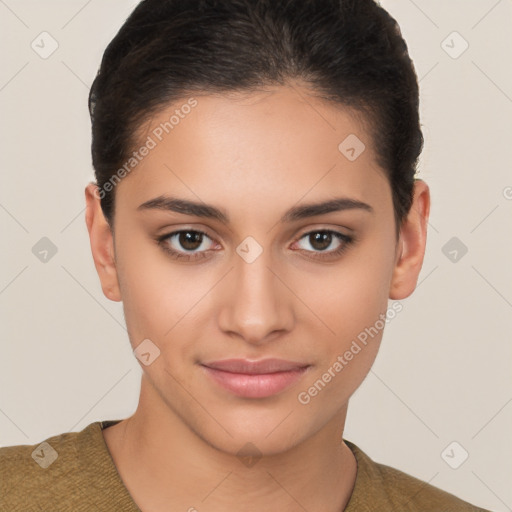 Joyful latino young-adult female with short  brown hair and brown eyes