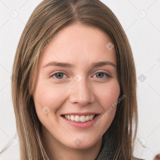 Joyful white young-adult female with long  brown hair and grey eyes